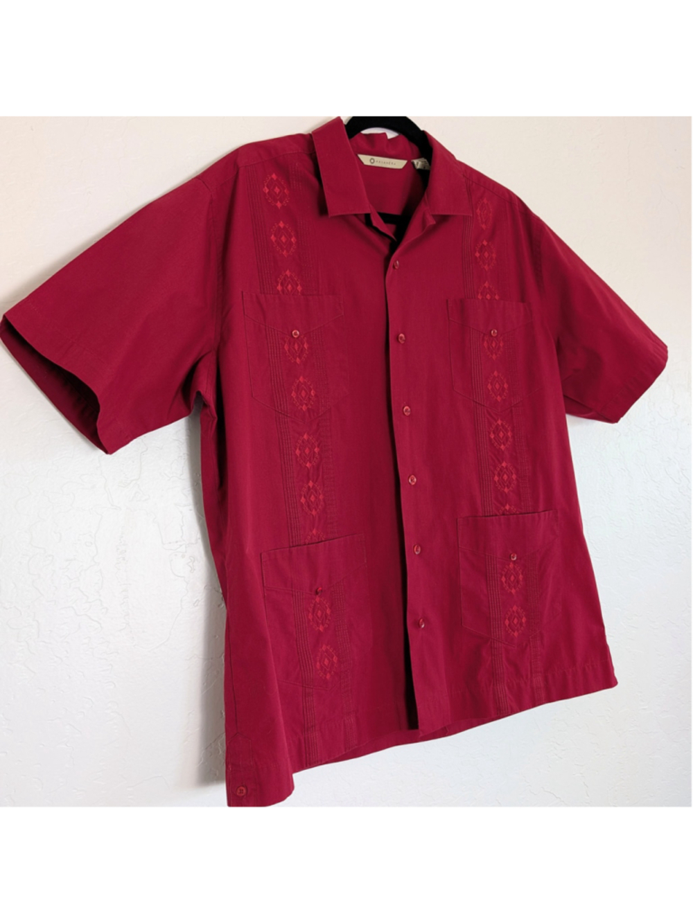 Havanera Guayabera Shirt Mens Large Red Embroidered 4 Pocket Cuban Camp Resort